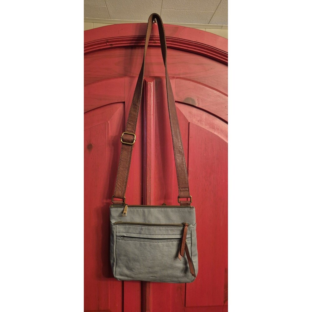 Fossil Corey Crossbody Bag Blue Grey Leather Multi Zip Shoulder Purse EUC